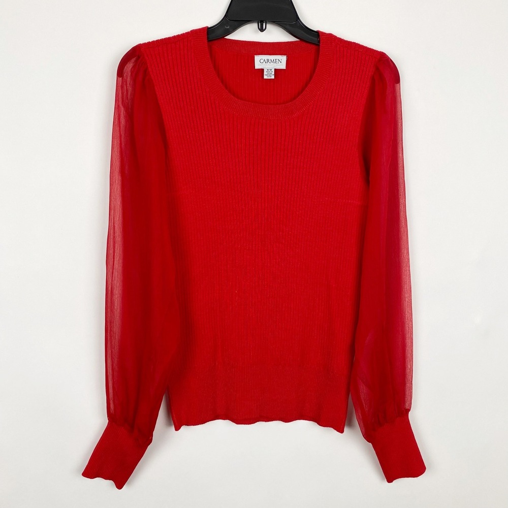 Carmen Marc Valvo Ribbed Sheer Puff Sleeve Knit Top Women Medium Red